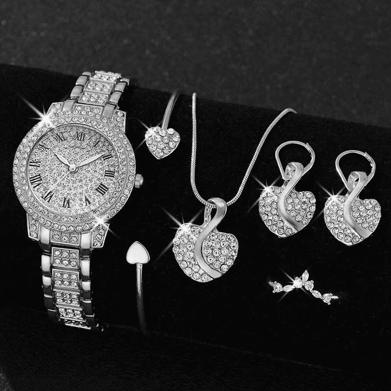 6PCS Luxury Rhinestone Women Watches Jewelry Set Fashion