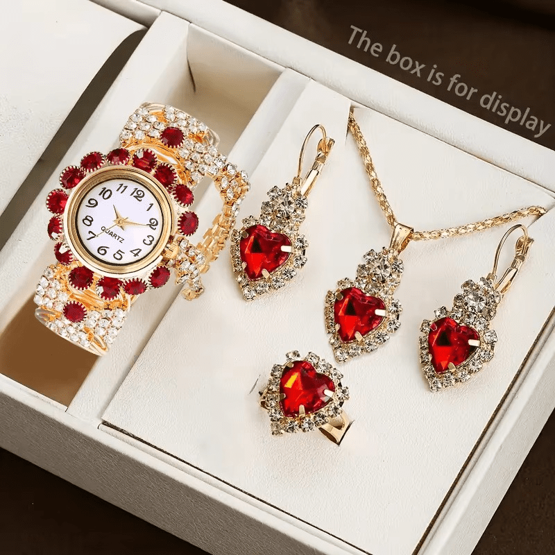 5PCS Luxury Rhinestone Women Watches Jewelry Set Fashion Adjustable Bangle Ladies